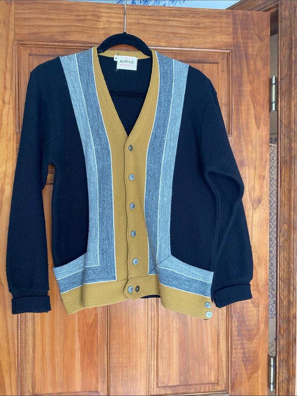 Vintage Black and Mustard Button-Front Knit Cardigan Sweater